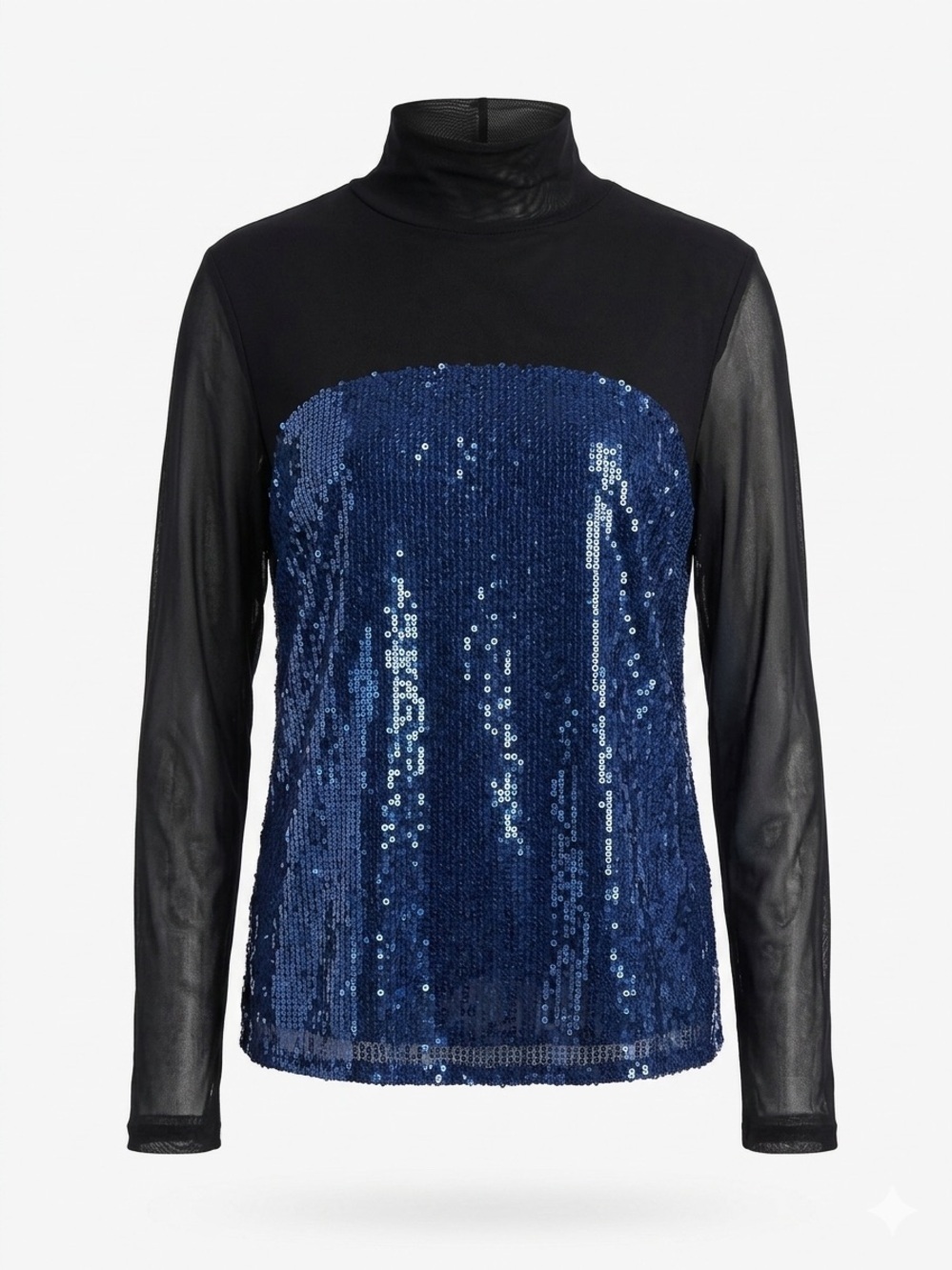 Maeve by Anthropologie Sequin Mesh Mock Neck Top Blue‎ Black Glam Night Out XL